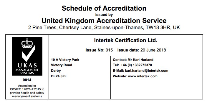 Intertek成为全球首批获UKAS ISO 45001项目认可资格机构